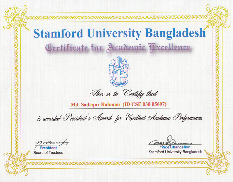 Stamford University Bangladesh Certificate for Academic Excellence, awarding Md. Sadequr Rahman the President's Award for Excellent Academic Performance